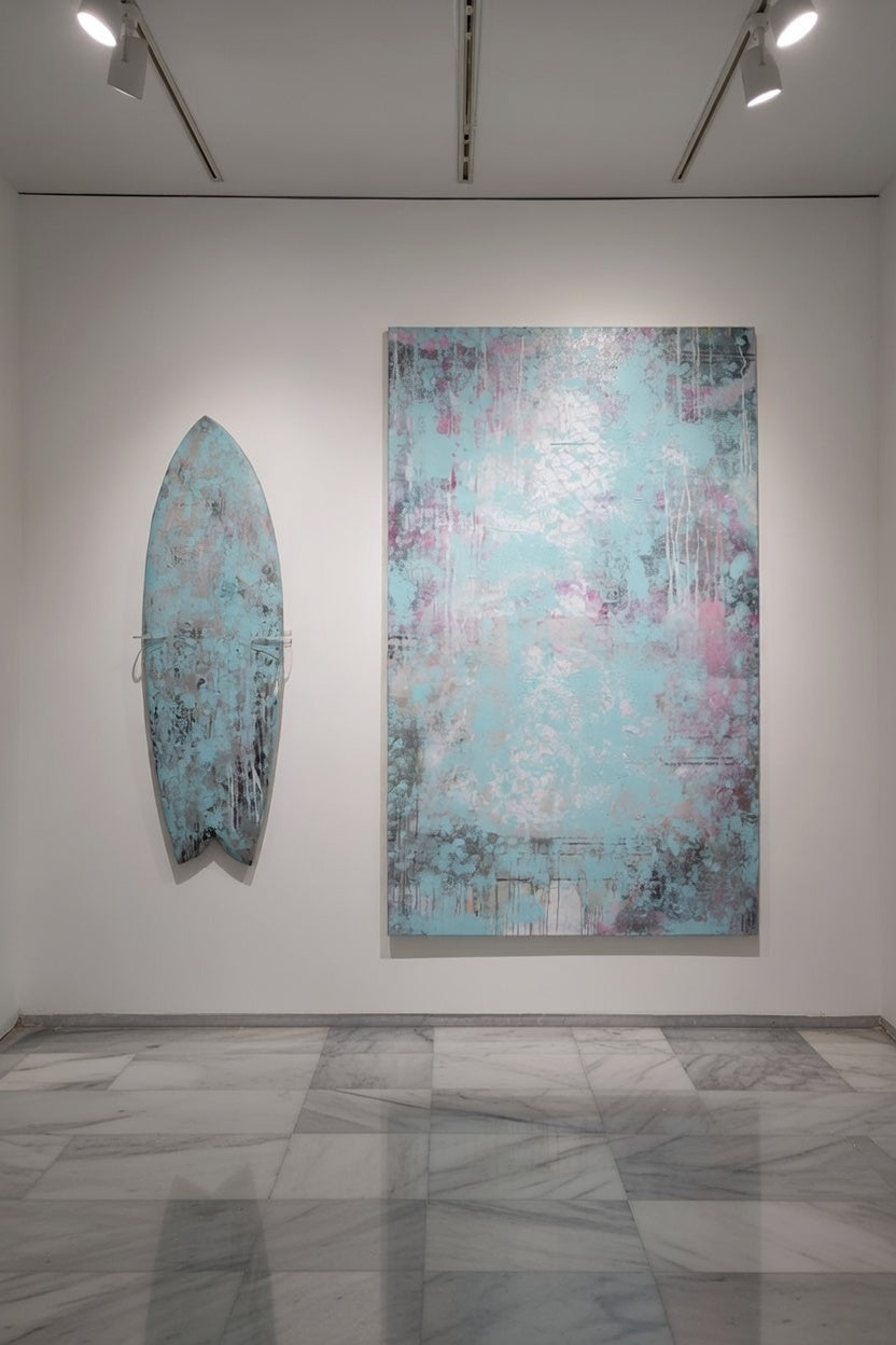"ONE OCEAN" 54" x 96" AND SURFBOARD SET  Mixed Media